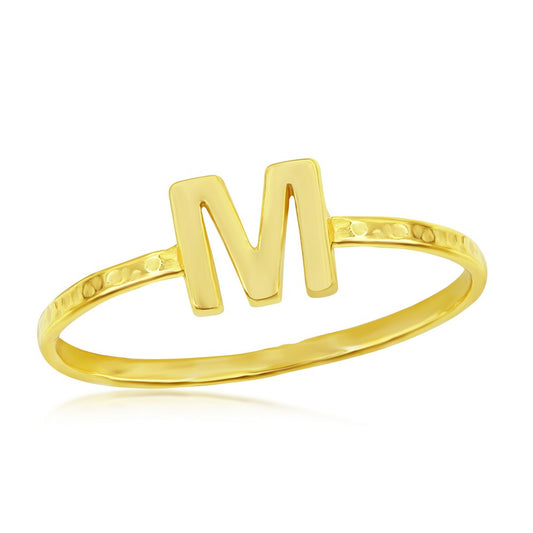 Sterling Silver M Initial Hammered Band Ring - Gold Plated
