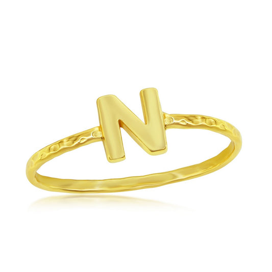 Sterling Silver N Initial Hammered Band Ring - Gold Plated