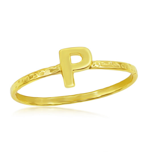 Sterling Silver P Initial Hammered Band Ring - Gold Plated