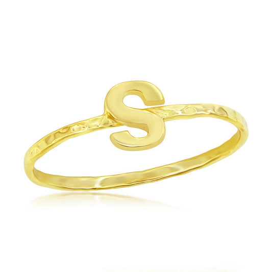 Sterling Silver S Initial Hammered Band Ring - Gold Plated