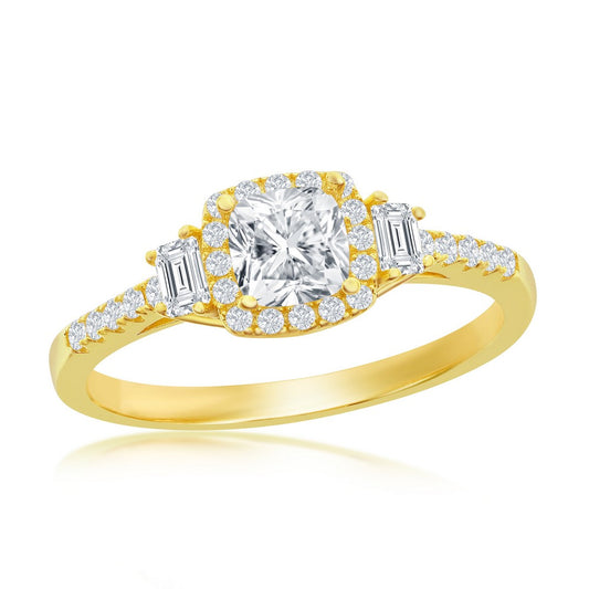 Sterling Silver Square Halo With  Emerald-Cut CZ Side Stones Engagement Ring - Gold Plated