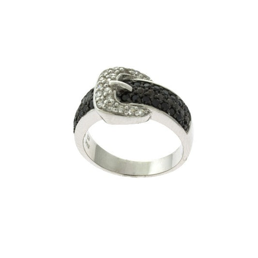 Sterling Silver and Black Plating with Black and Clear CZ Buckle Ring