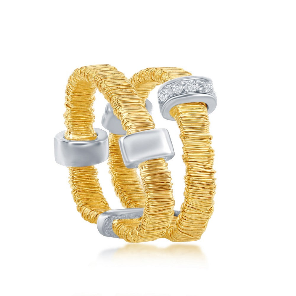 Sterling Silver GP Gold Threads Double Flexible Bands With  Alternating Silver and CZ Bars