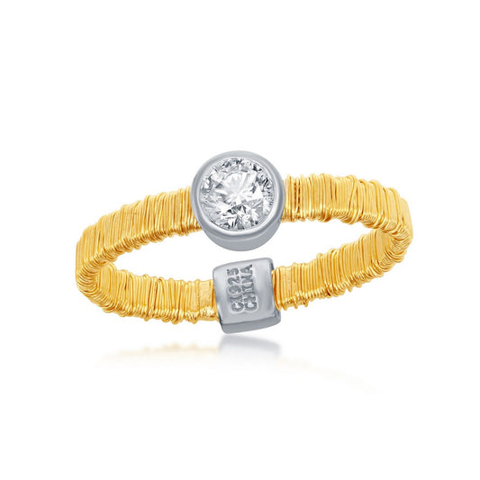 Sterling Silver GP Gold Threads Band With  CZ Circle Ring
