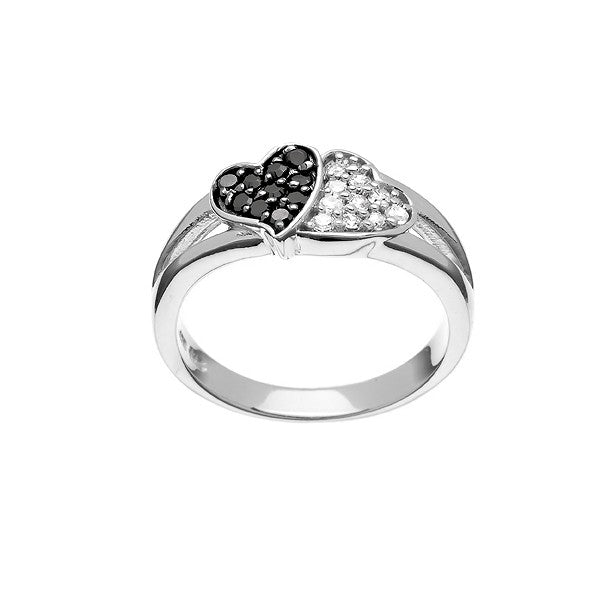 Sterling Silver Clear and Black CZ With  Black Rhodium Plating Double Heart Ring