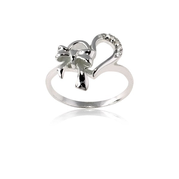 Sterling Silver Heart With  CZ and Bow Ring