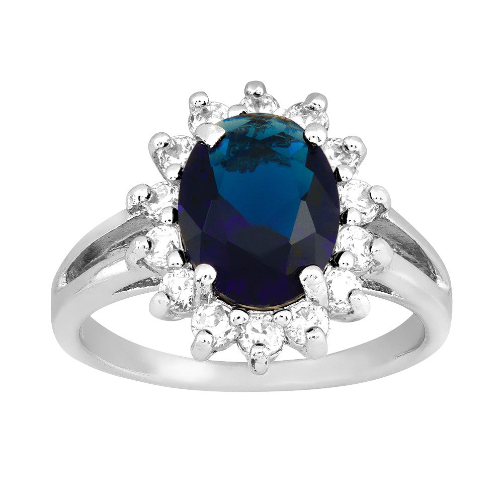 Sterling Silver Oval Blue Sapphire and Clear CZ Engagement Ring