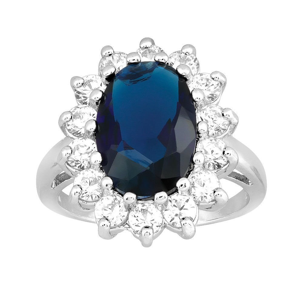Sterling Silver Oval Blue Sapphire and Clear CZ Large Engagement Ring