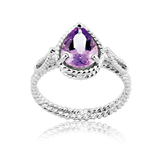 Sterling Silver Pear-Gem Twisted Wire Ring - Amethyst