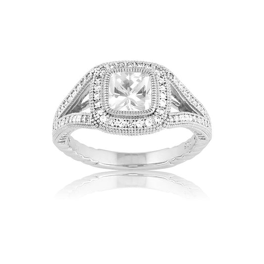 Sterling Silver Center Square CZ and Micro Pave Ring (129 stones)