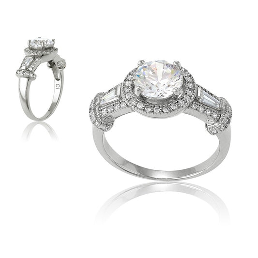 Sterling Silver Center CZ, Baguettes and Micro Pave Ring