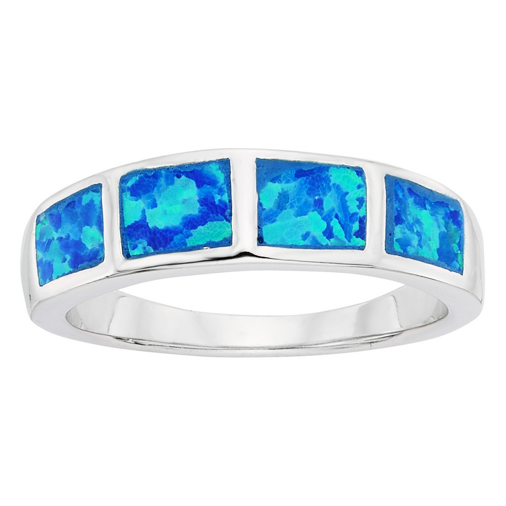 Sterling Silver Blue Inlay Opal Squares Ring