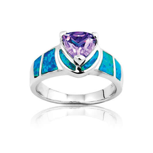 Sterling Silver Blue Inlay Opal and Amethyst Triangle CZ Ring