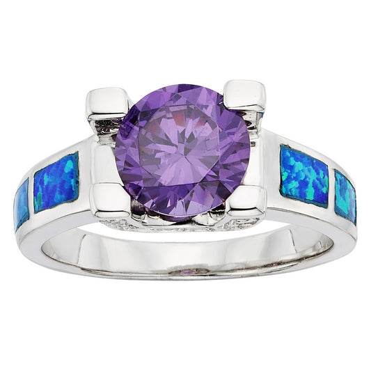 Sterling Silver Blue Inlay Opal and Amethyst Circle CZ Ring