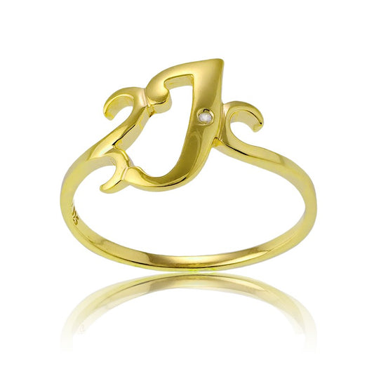 Sterling Silver 1 Micron Gold-plating Single CZ J Ring