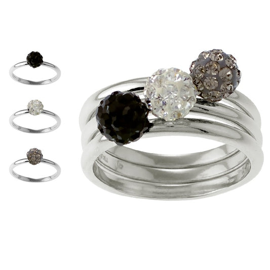 Sterling Silver Charcoal, Black and White Crystal Ball Set of 3 Rope Rings
