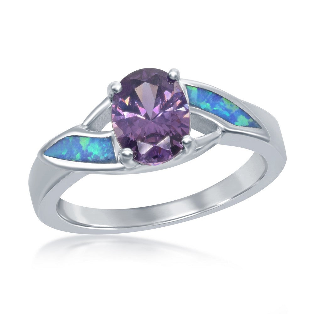 Sterling Silver Blue Opal With Purple Oval CZ Ring