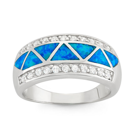 Sterling Silver CZ Borders With Triangle Designed Opal Ring