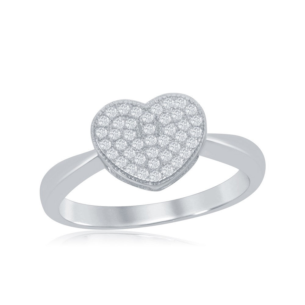 Sterling Silver Shiny Band With Micro Pave Heart Ring