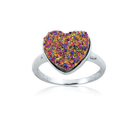 Sterling Silver Multi Colored Heart Druzy Ring