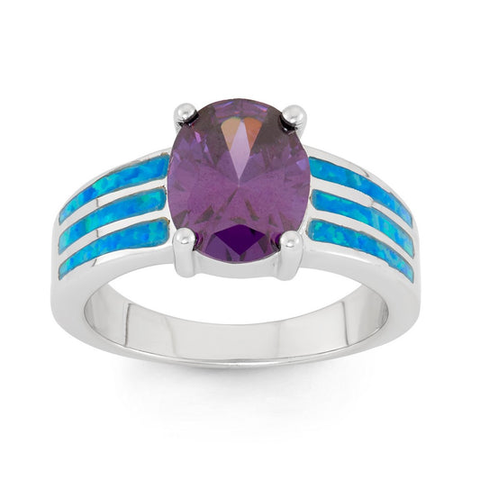 Sterling Silver Triple Row Blue Inlay Opal With Purple CZ Ring