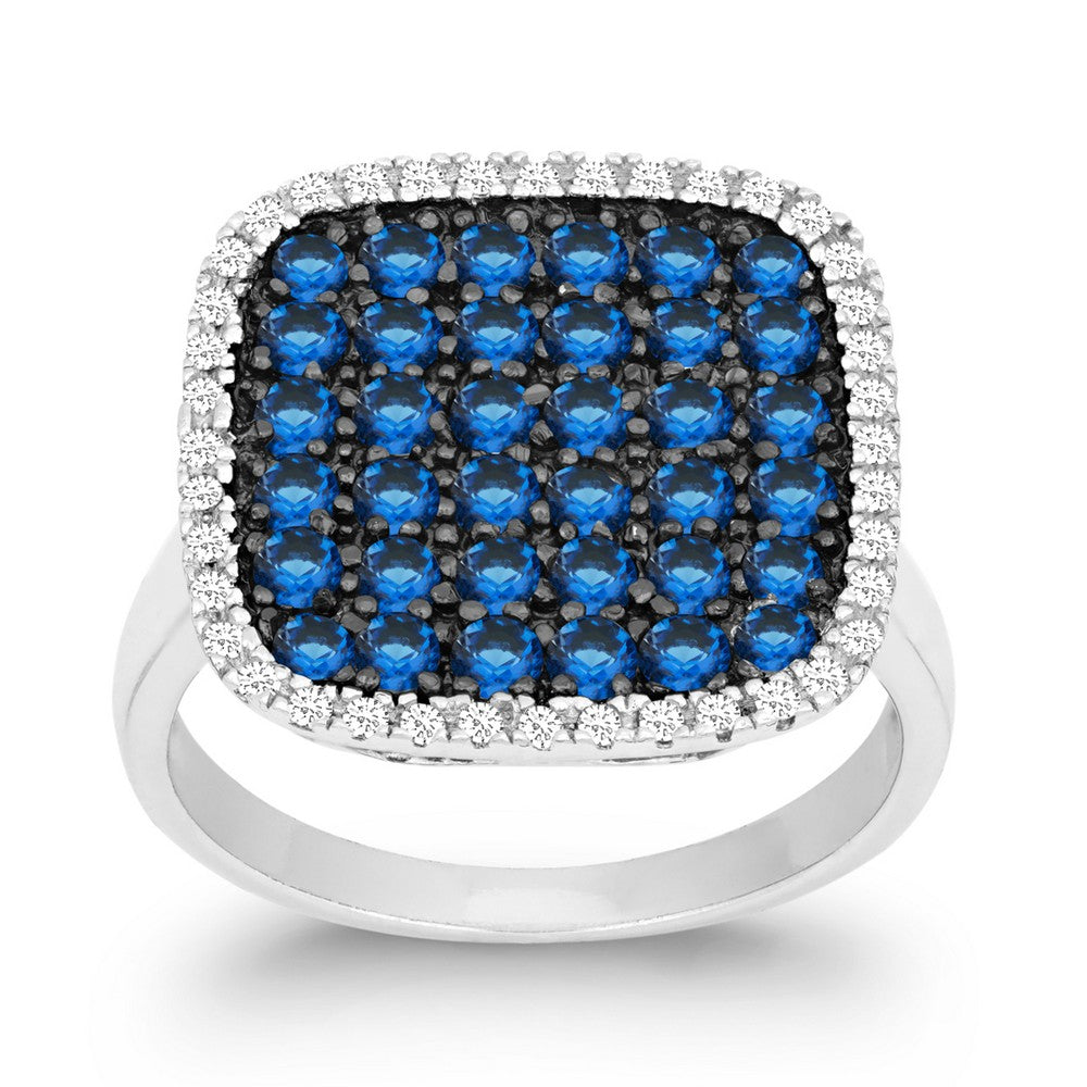 Sterling Silver Clear and Blue CZ Black Rhodium Square Ring
