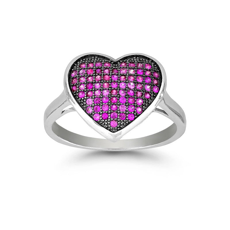 Sterling Silver Black Rhodium Pink CZ Micro Pave Heart Ring