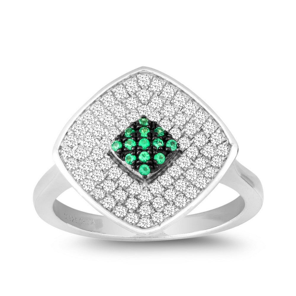 Sterling Silver Clear and Green CZ Micro Pave Square Ring