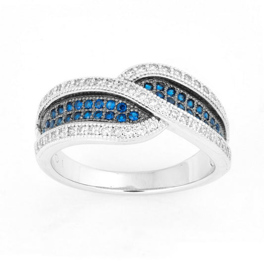 Sterling Silver Twisted Sapphire and White CZ Micro Pave Ring