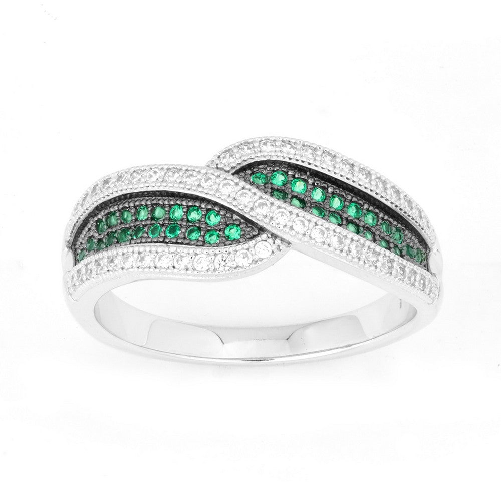 Sterling Silver Twisted Emerald and White CZ Micro Pave Ring