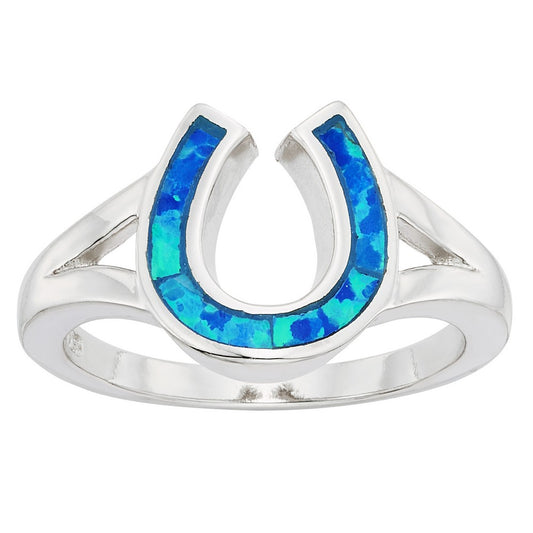 Sterling Silver Blue Inlay Opal Horseshoe Ring