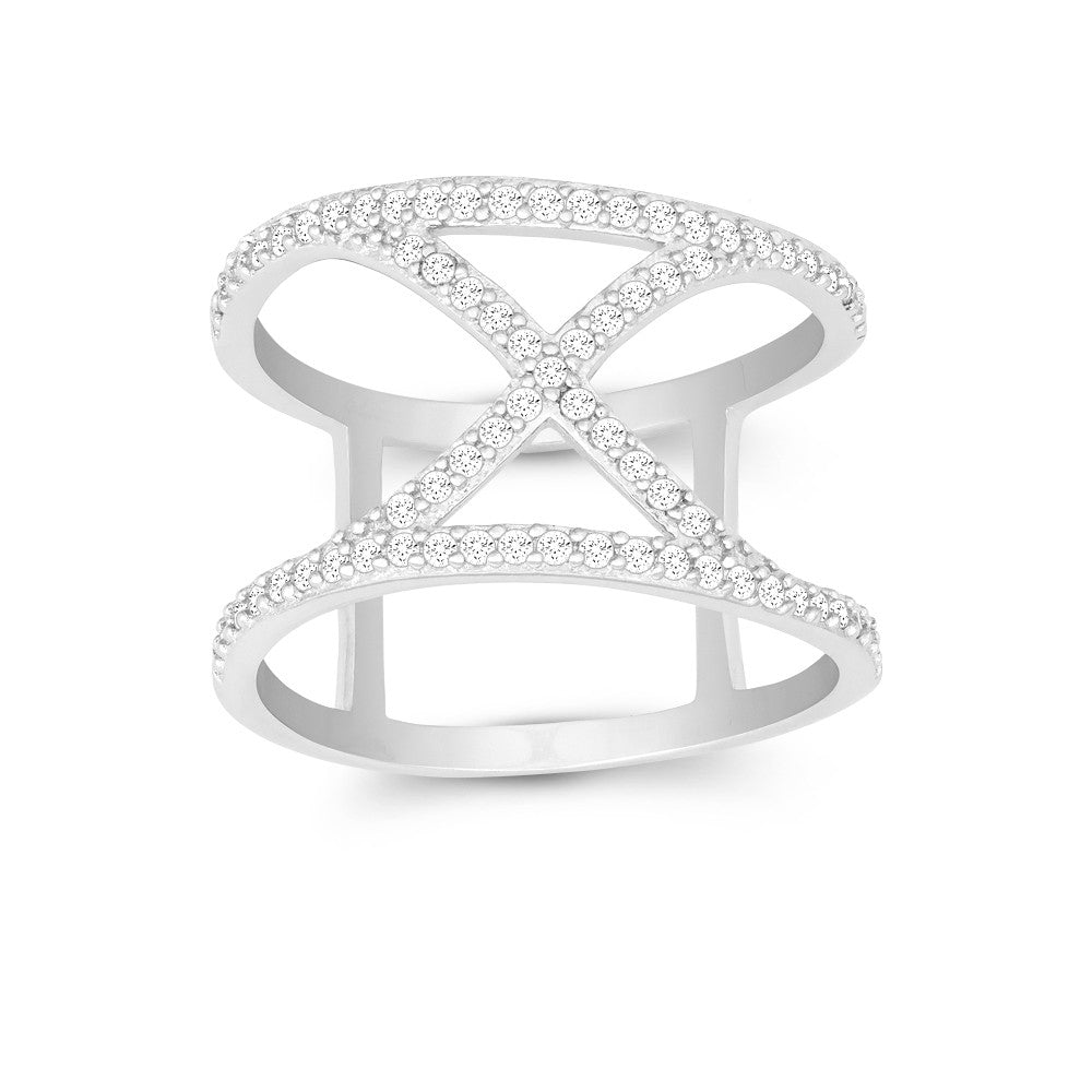 Sterling Silver Double CZ Wire with Center CZ X Wide Ring