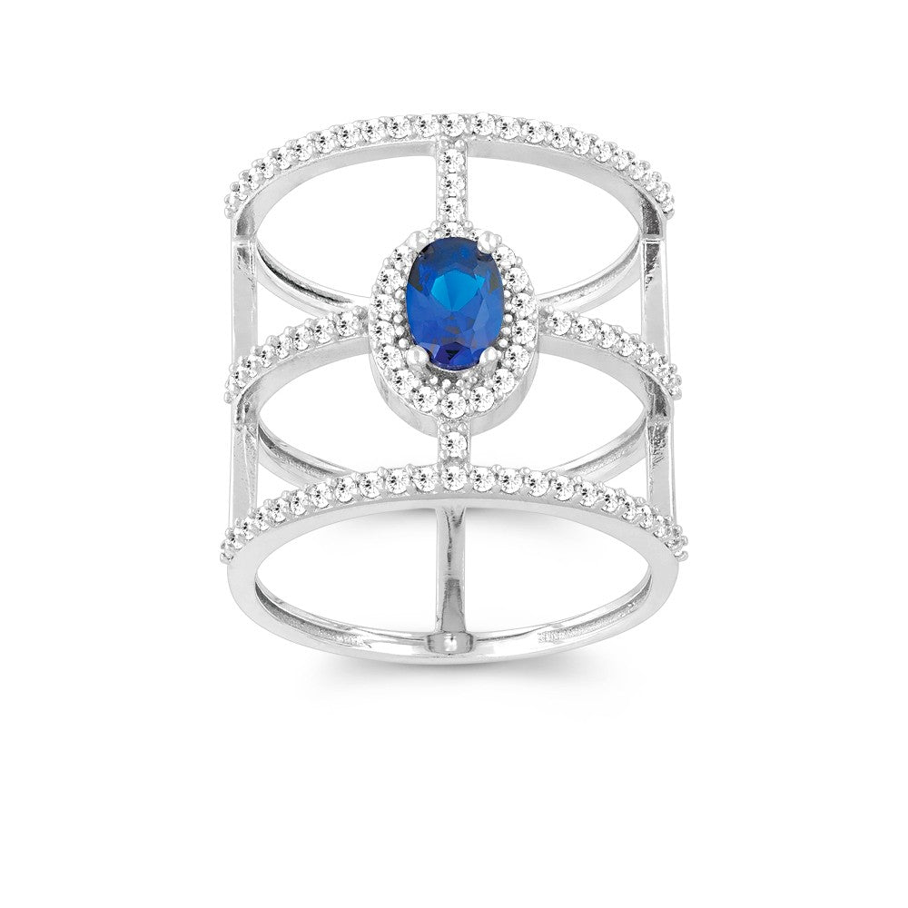 Sterling Silver Wide Triple Row with Center Blue Oval CZ Ring