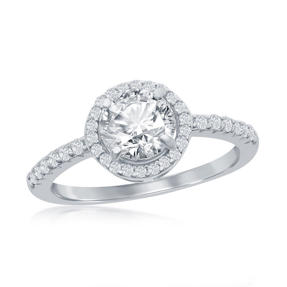 Sterling Silver CZ Halo Style with Clear Round Center CZ Ring