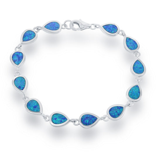 Sterling Silver Small Blue Inlay Opal Teardrop Link Bracelet