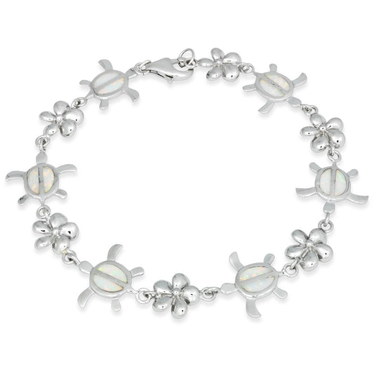 Sterling Silver White Inlay Opal Alternating Flower and Tortoise Link Bracelet