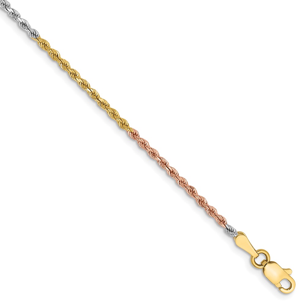 14K Tri-colored 1.75mm Diamond-cut Rope with Lobster Clasp Anklet - Image 1