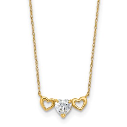 10k Polished Heart CZ Center with Two Open Hearts 18.Necklace