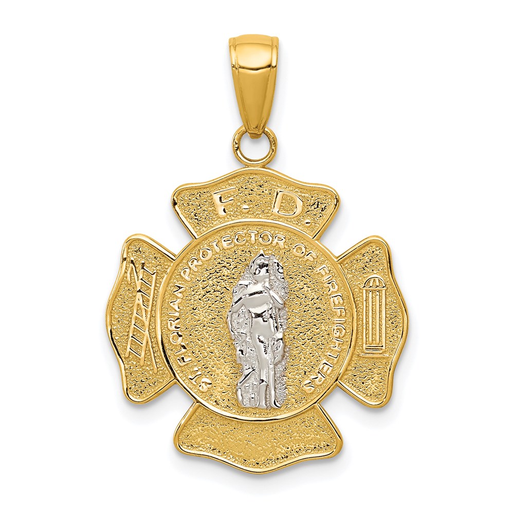 14k Two-tone Polished and Satin Solid Saint Florian Medal Pendant - Image 1