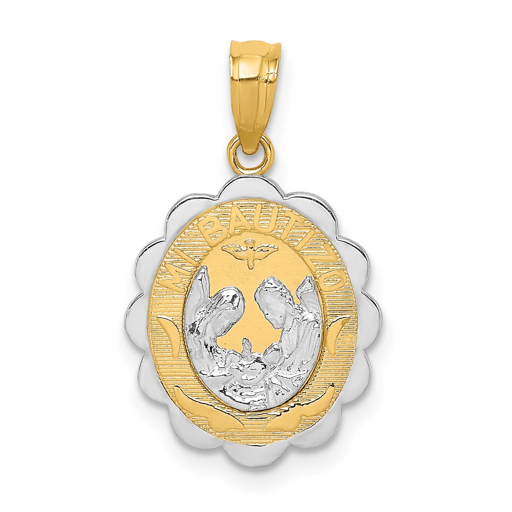 14K Two-tone and White Rhodium Solid Spanish Baptism Mi Bautizo Oval Pendant - Image 1