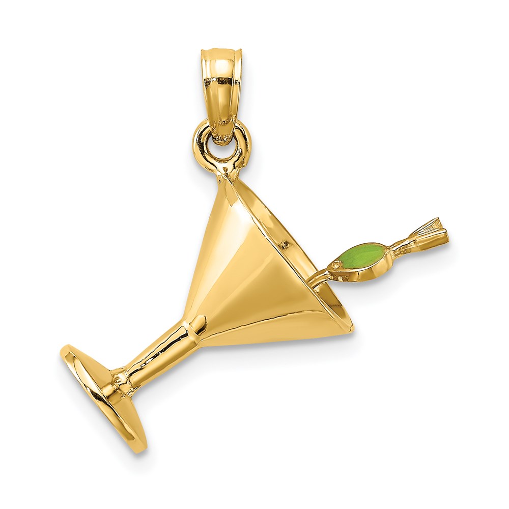 14K 3-D Martini with Green Enameled Olive Charm - Image 1