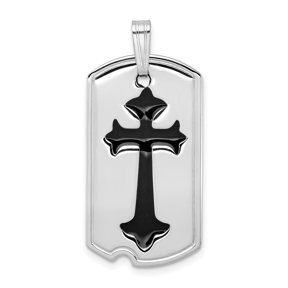 Sterling Silver Platinum-plated Polished Black Epoxy Cross Dog Tag Pendant - Image 1