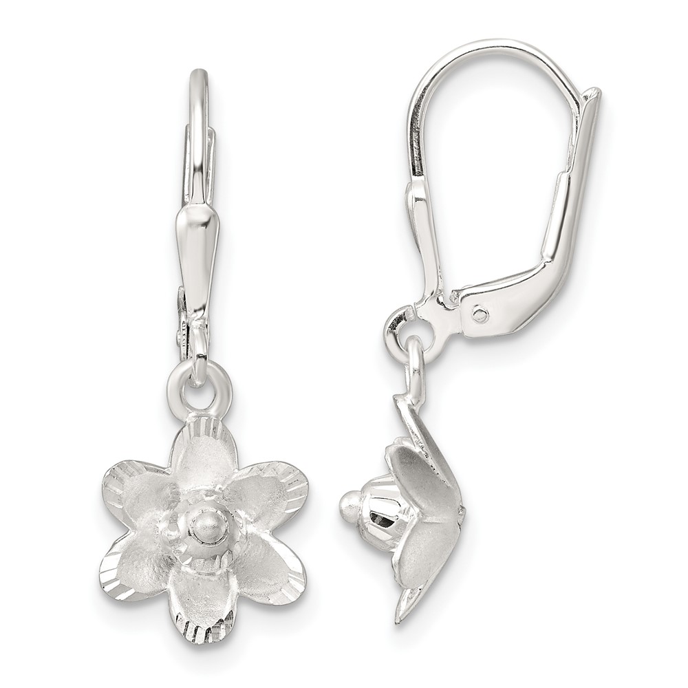 Sterling Silver Satin Polished and D/C Floral Leverback Earrings - Image 1