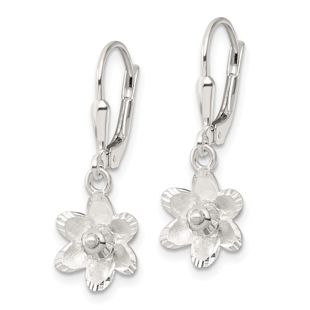 Sterling Silver Satin Polished and D/C Floral Leverback Earrings - Image 2