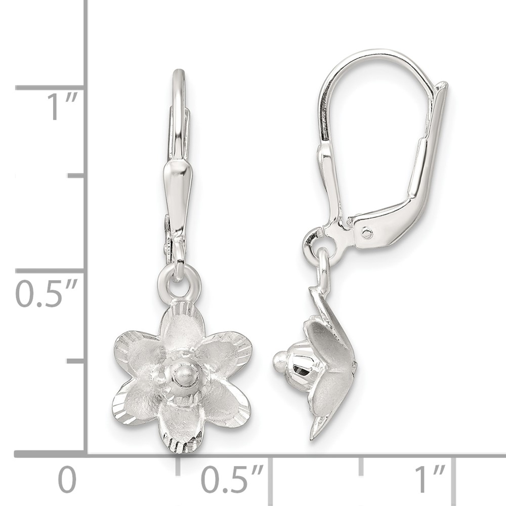 Sterling Silver Satin Polished and D/C Floral Leverback Earrings - Image 4