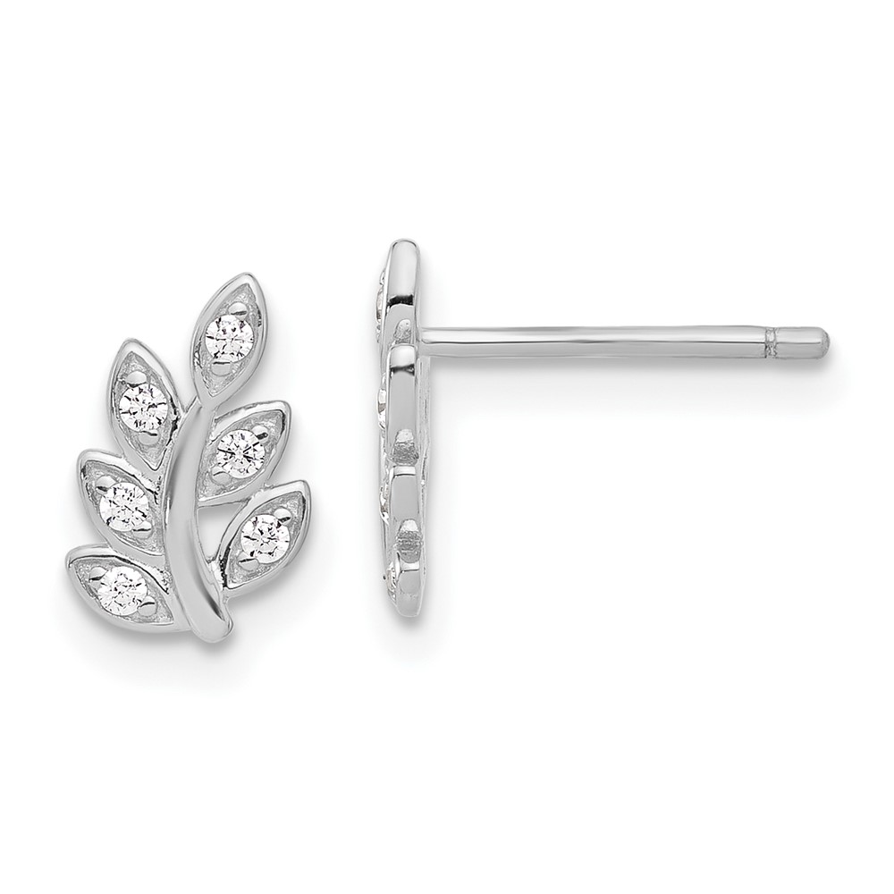 Sterling Silver Rhodium-plated CZ Leaf Post Earrings - Image 1