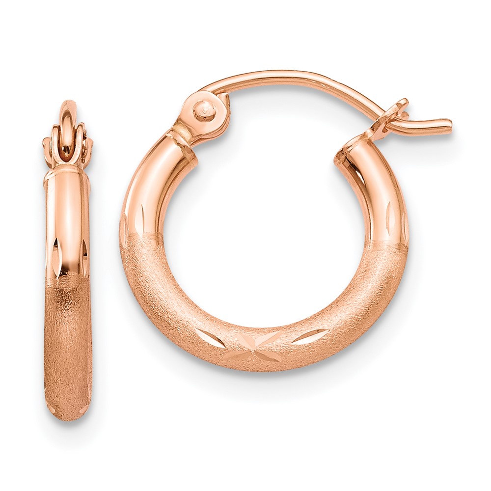 14k Rose Gold Lightweight Satin Diamond Cut Hoop Earrings - Image 1