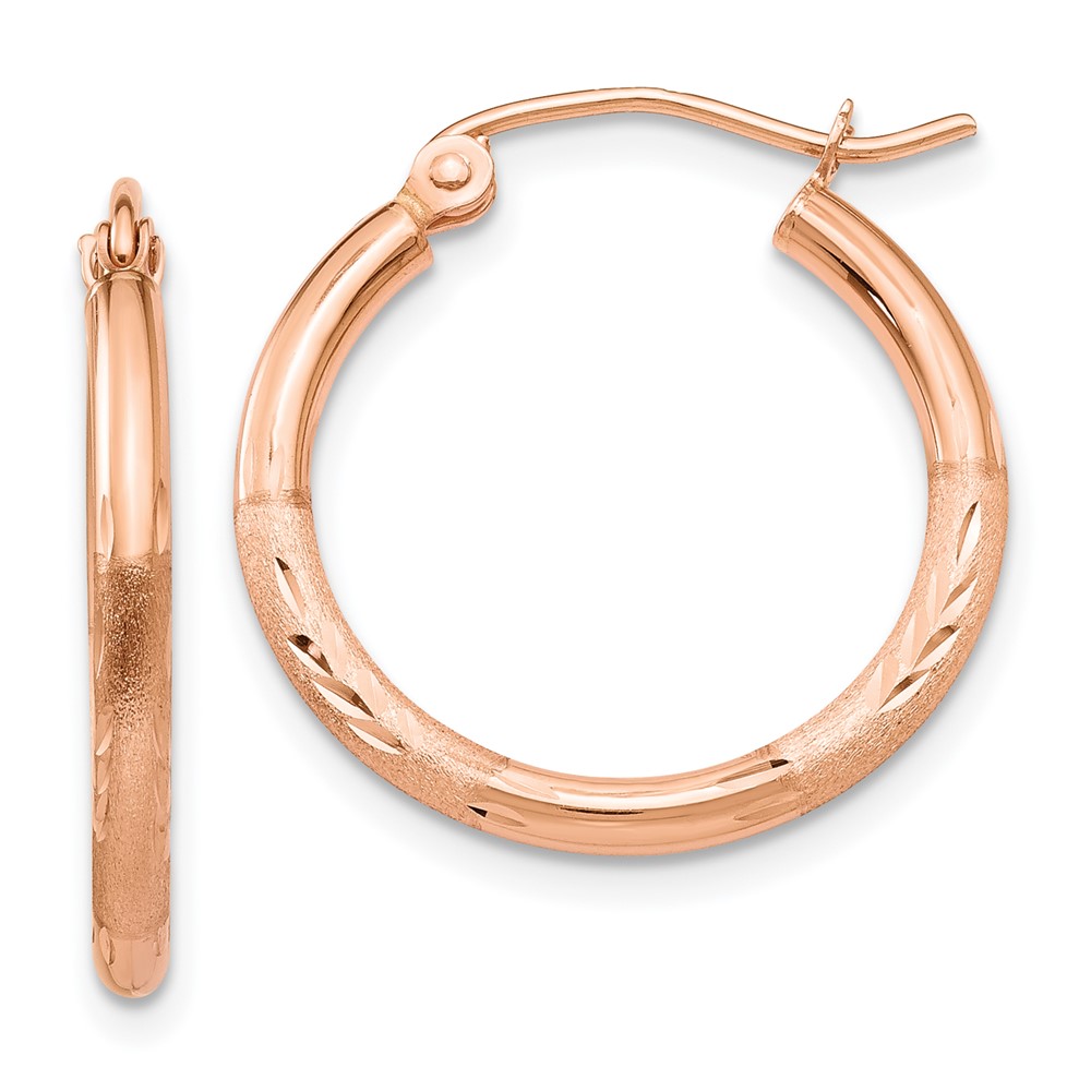 14k Rose Gold Lightweight Satin Diamond Cut Hoop Earrings - Image 1