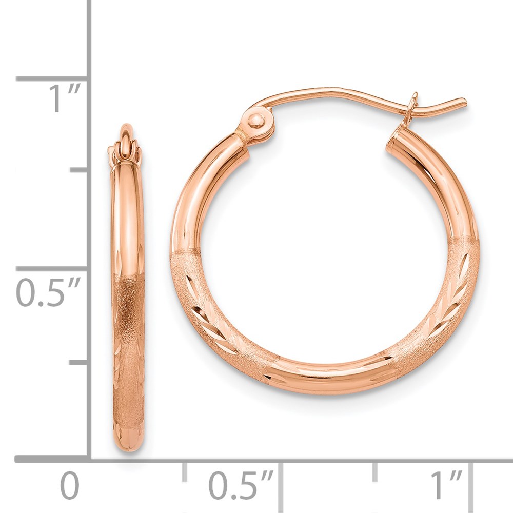 14k Rose Gold Lightweight Satin Diamond Cut Hoop Earrings - Image 4