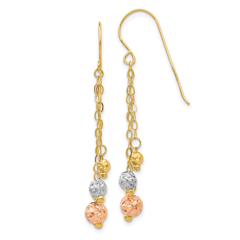 14K Tri-color w/Diamond-cut Beads Dangle Earrings - Image 1